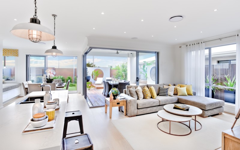 Obývací pokoj s kuchyní v minimalistickém style