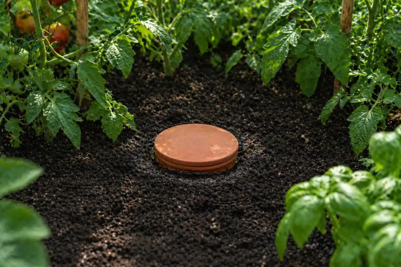 Olla zakopaná v záhonu dodává vodu přímo ke kořenům a udržuje stabilní vlhkost půdy.