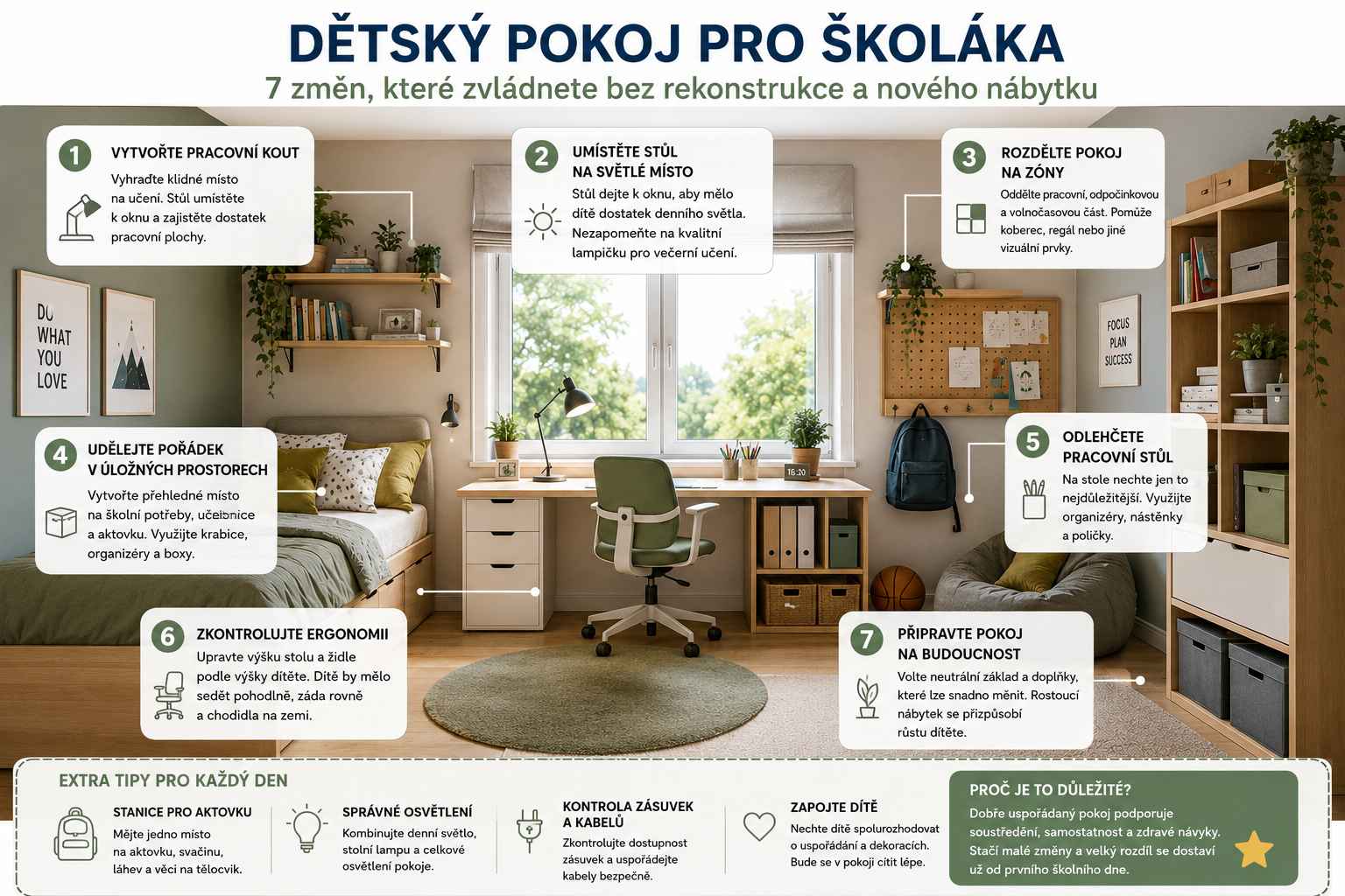 Schéma uspořádání dětského pokoje pro školáka
