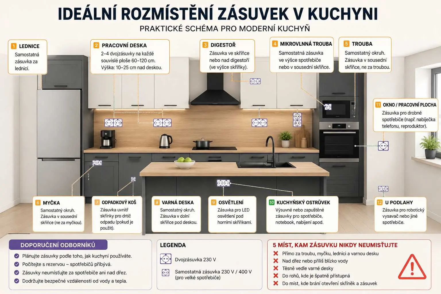 Schéma rozmístění zásuvek v kuchyni